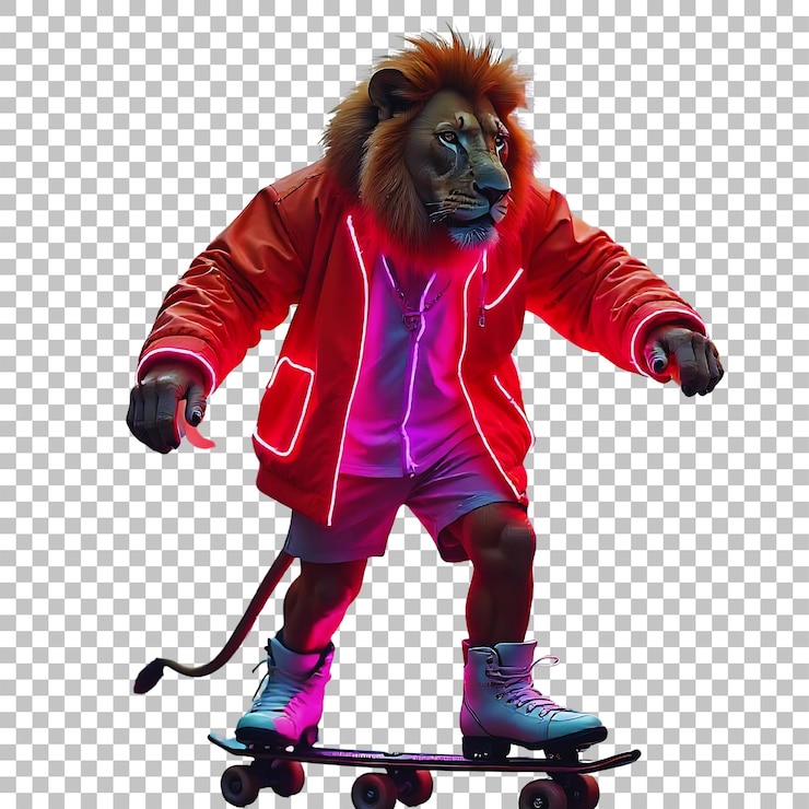 PSD uma foto de um leão em um skate com uma jaqueta vermelha