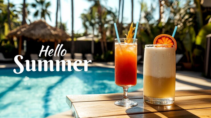 PSD uma foto de um par de bebidas com as palavras "olá verão"