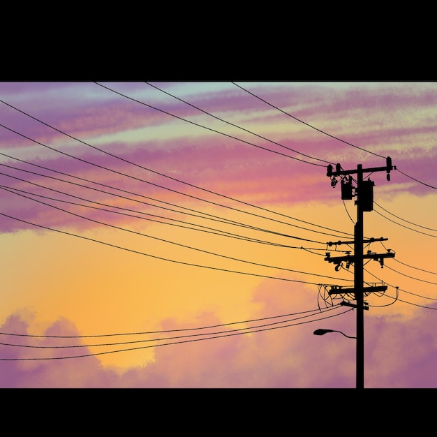 PSD uma foto de um pôr-do-sol com um poste de telefone e uma luz de rua.