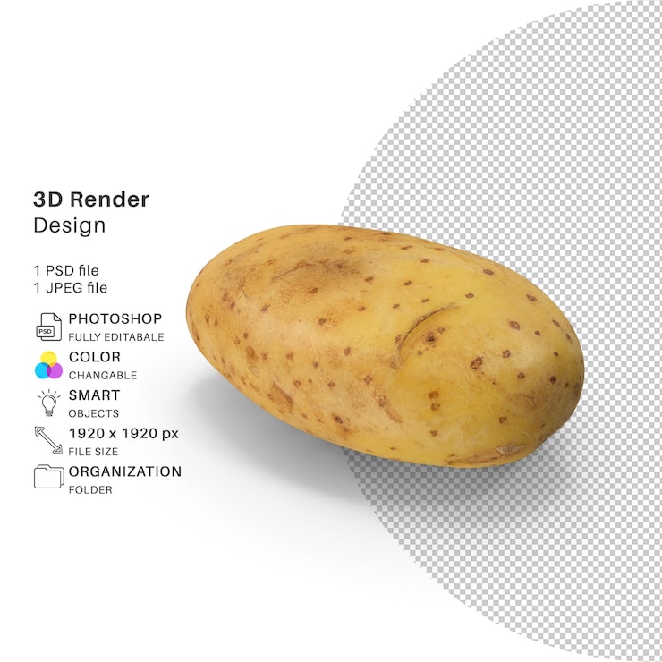PSD uma foto de uma batata amarela que diz 3d.
