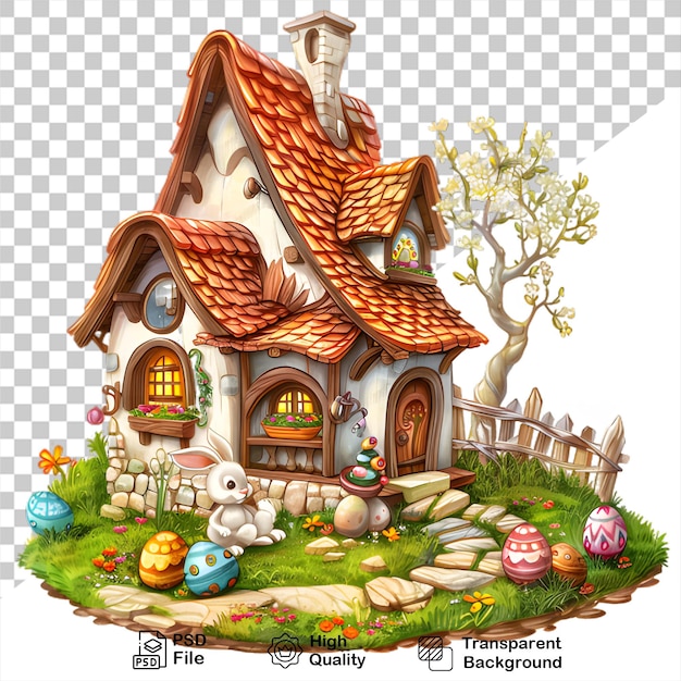 Uma foto de uma casa com um coelho e ovos nele sem fundo