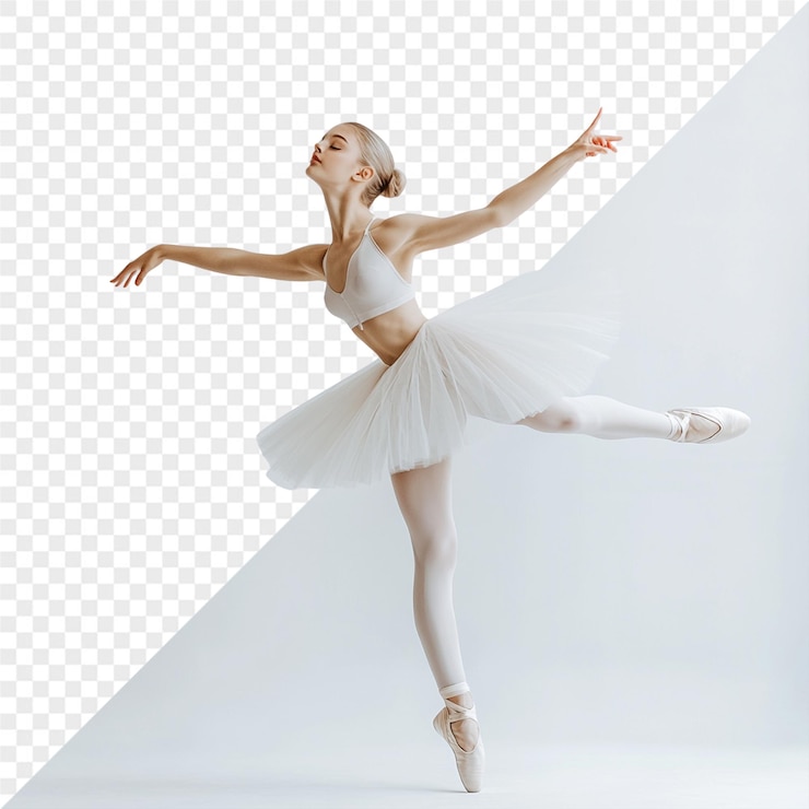 PSD uma foto de uma dançarina de ballet com um vestido branco e a palavra "ballet" na parte inferior