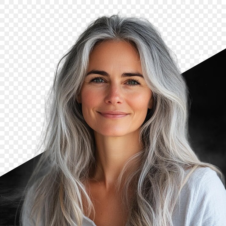 PSD uma foto de uma mulher com cabelos grisalhos e um fundo preto