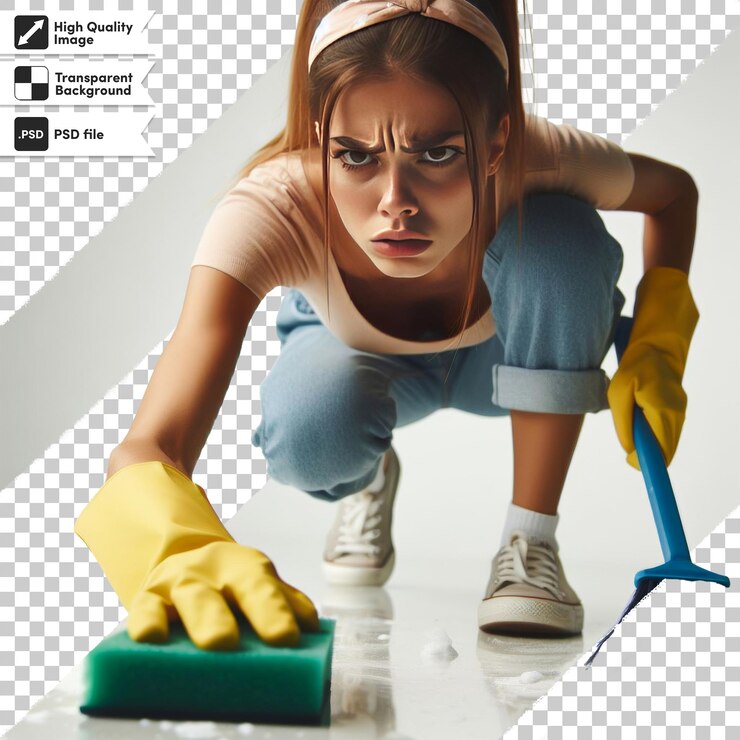 PSD uma foto de uma mulher com uma luva de borracha amarela na mão