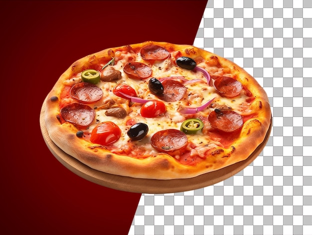 Uma foto de uma pizza com uma azeitona vermelha e preta.