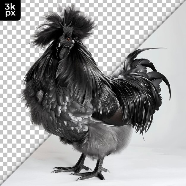 PSD uma foto em preto e branco de um frango com um fundo preto e branco