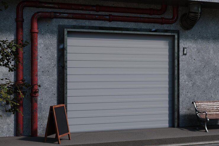 PSD uma frente de loja fechada com uma porta de garagem cinza e um quadro publicitário