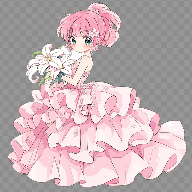PSD uma garota com cabelo rosa senta-se em um vestido rosa e branco com flores