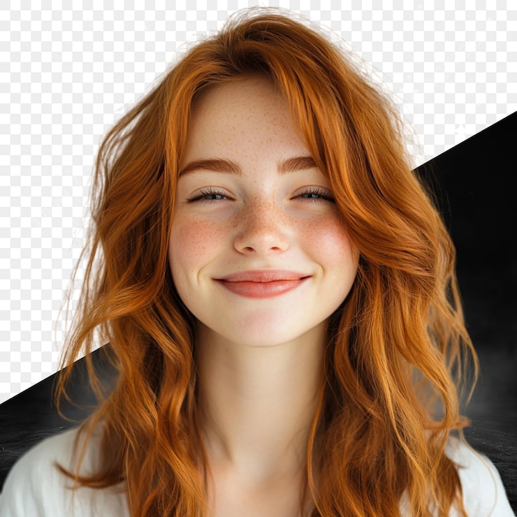 PSD uma garota com cabelo vermelho e uma camisa branca com fundo preto