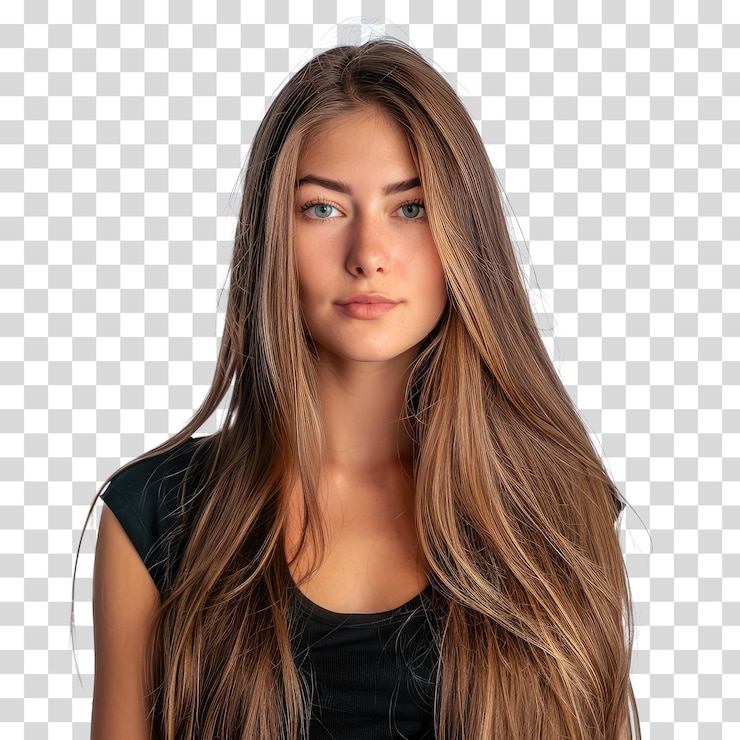 PSD uma garota com cabelos longos e um top preto com um fundo transparente