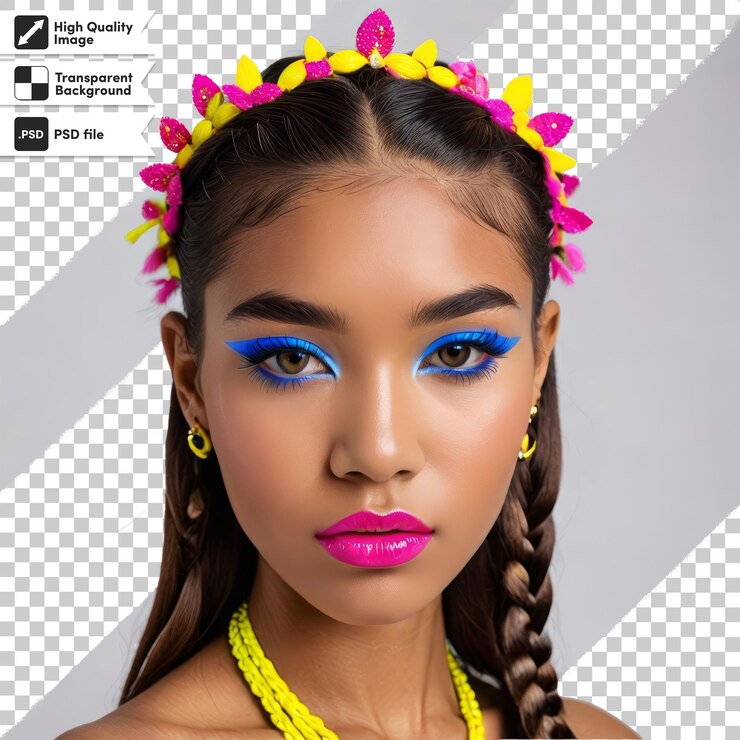 PSD uma garota com olhos azuis e um colar amarelo com uma sombra de olho azul
