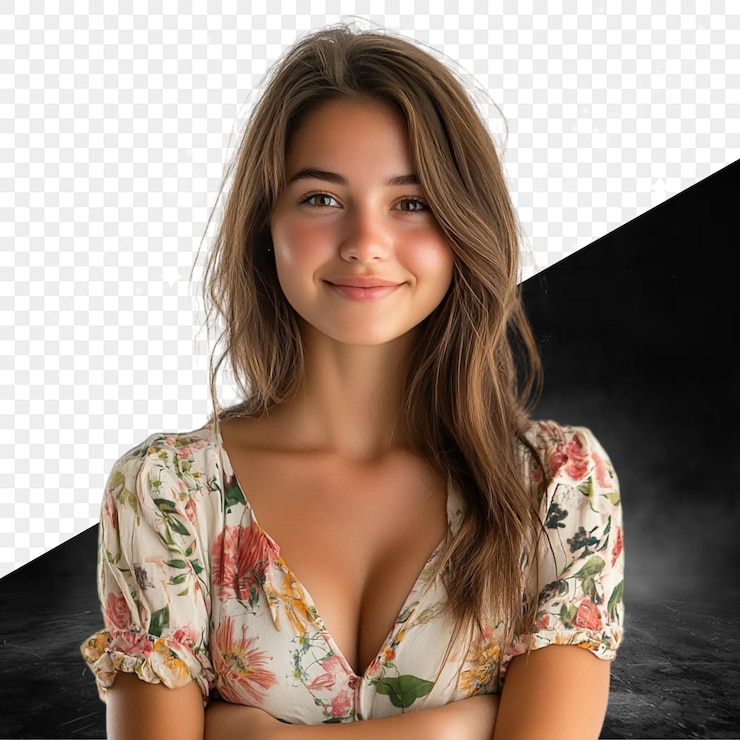 PSD uma garota com um vestido de flores em um fundo preto