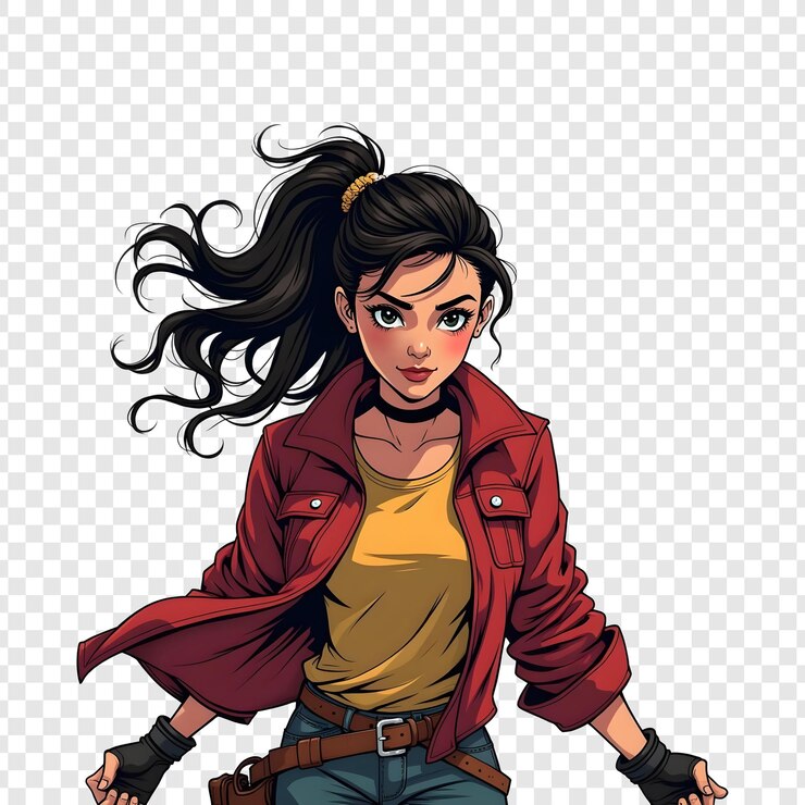 PSD uma garota com uma jaqueta vermelha e uma camisa amarela que diz que ela é uma personagem