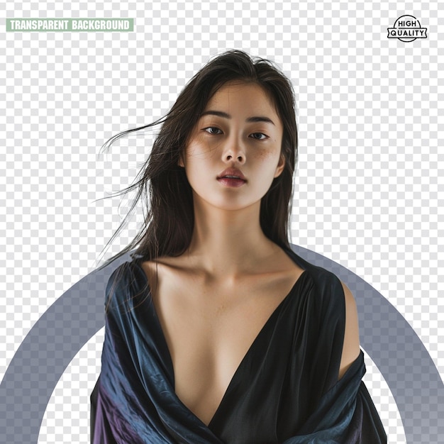 uma garota de camisa preta na frente de uma câmera em fundo transparente