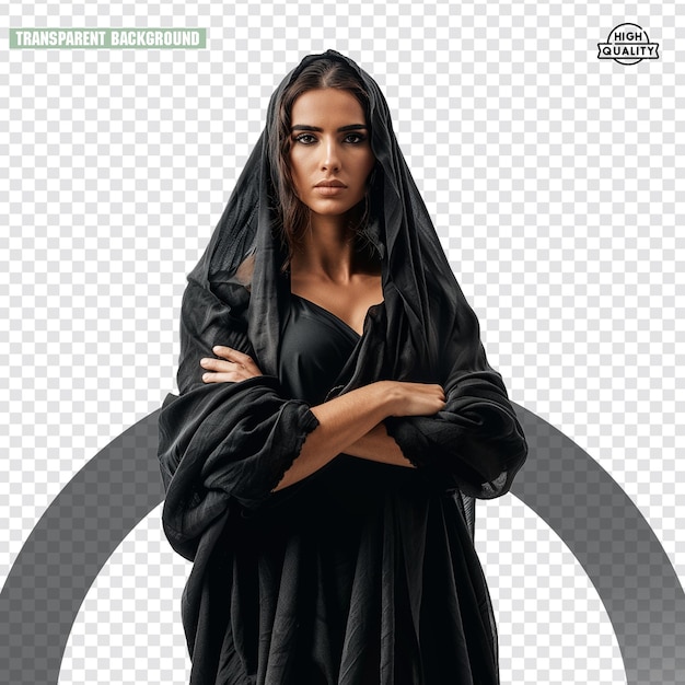 uma garota de camisa preta na frente de uma câmera em fundo transparente