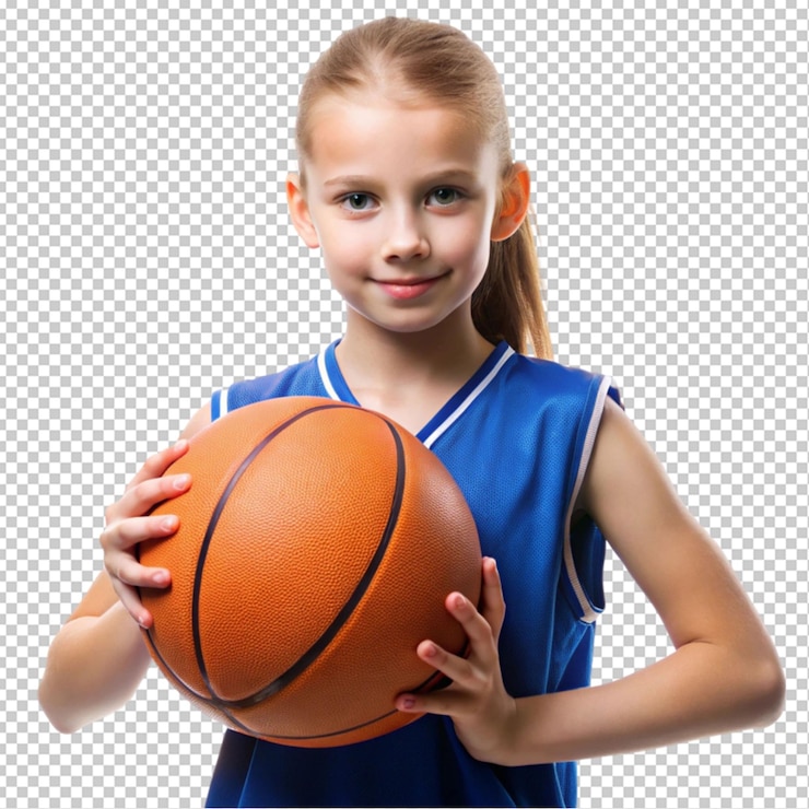 PSD uma garota equilibrada em uma camisa azul segurando um fundo transparente de basquete