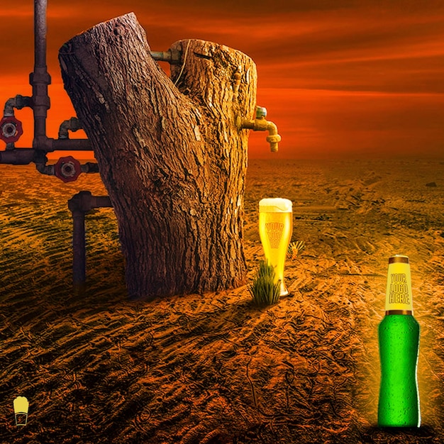 PSD uma garrafa de álcool sentada ao lado de um tronco de árvore
