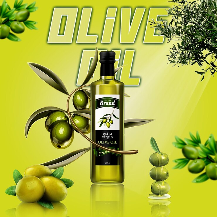 PSD uma garrafa de azeite de oliva com um fundo verde com azeitonas produto des