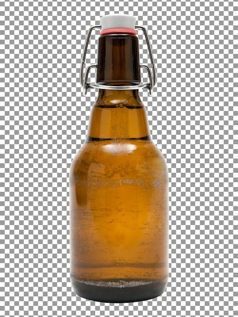 Uma garrafa de cerveja com um anel de metal em fundo transparente