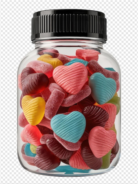 PSD uma garrafa de doces em forma de coração com uma tampa preta