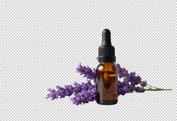PSD uma garrafa de lavanda com um monte de flores de lavanda