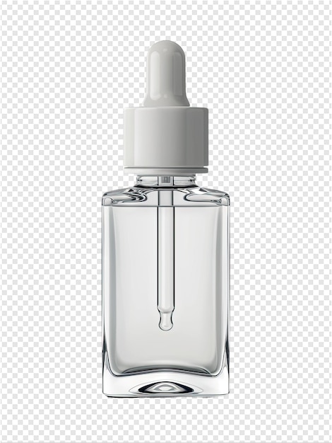 PSD uma garrafa de líquido transparente com uma tampa branca e uma tampa prateada