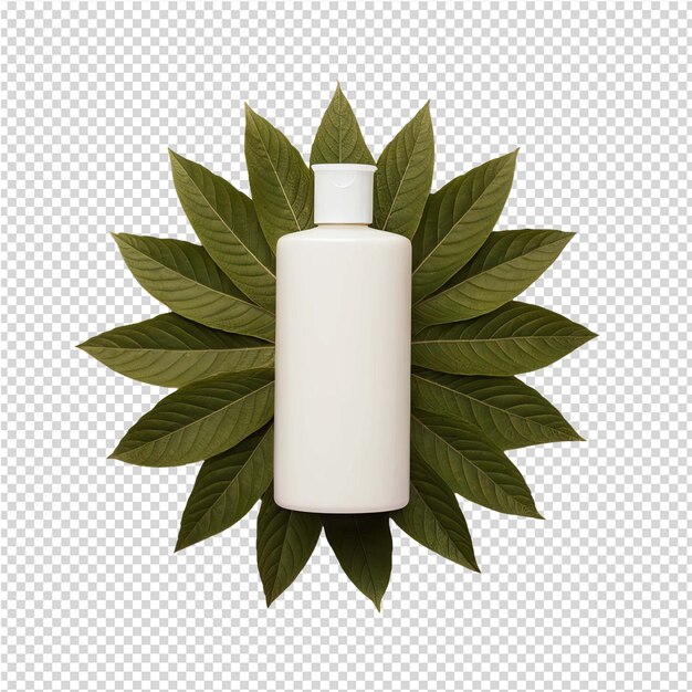 Uma garrafa de perfume branco com uma folha verde