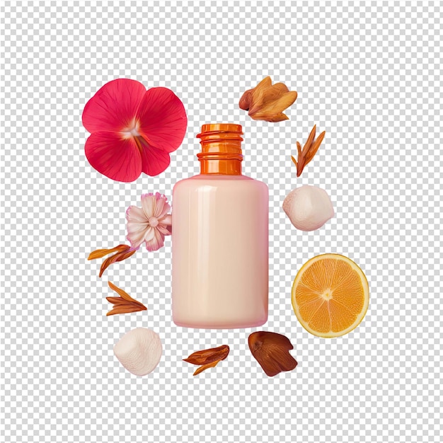 PSD uma garrafa de perfume com flores e laranjas