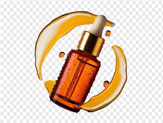 Uma garrafa de perfume com uma tampa amarela e um pouco de líquido laranja