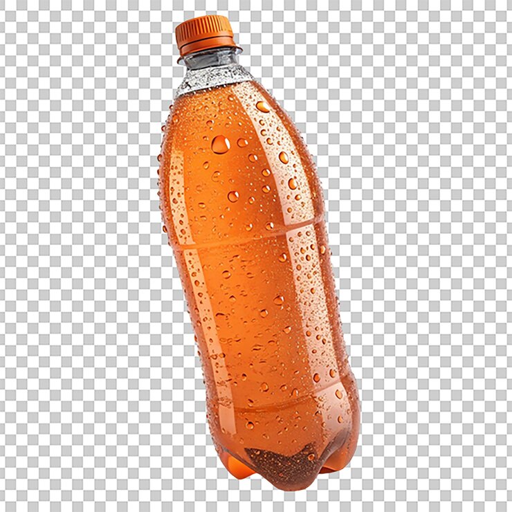 PSD uma garrafa de refrigerante laranja de plástico de dois litros com gotículas de condensação em um fundo de estúdio branco isolado em renderização 3d