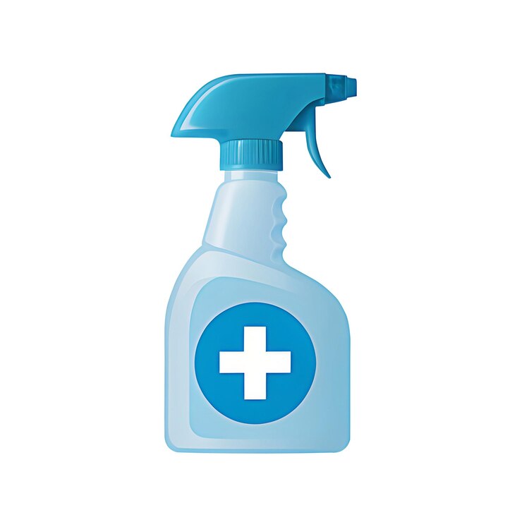 PSD uma garrafa de spray azul com uma cruz médica em fundo transparente