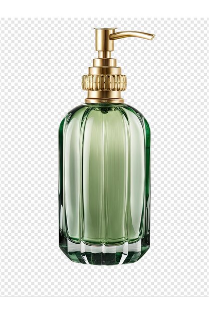 PSD uma garrafa de vidro verde de perfume com acabamento dourado