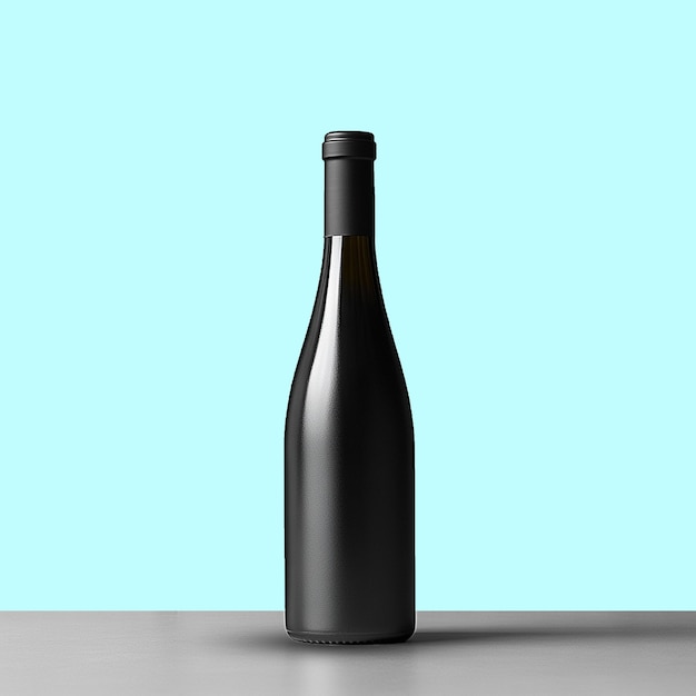 uma garrafa preta de vinho sentada em um fundo azul do céu
