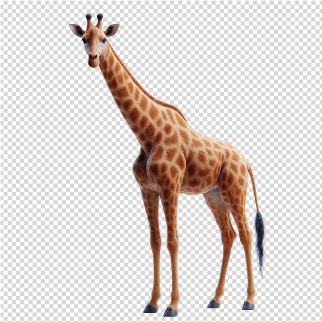 Uma girafa com um pescoço longo está de pé em um fundo branco