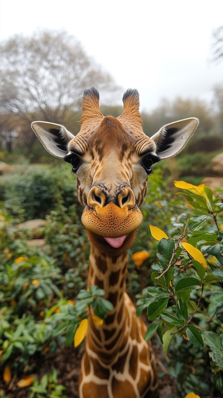 PSD uma girafa com uma expressão engraçada estende a língua em um retrato em close-up