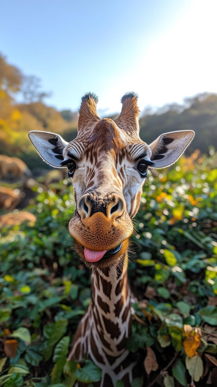 PSD uma girafa com uma expressão engraçada puxando a língua para fora olhando diretamente para a câmera