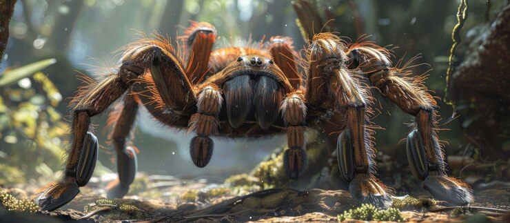 PSD uma grande aranha tarântula castanha peluda com pernas longas está em um cenário florestal a aranha está voltada para a câmera e suas presas são visíveis