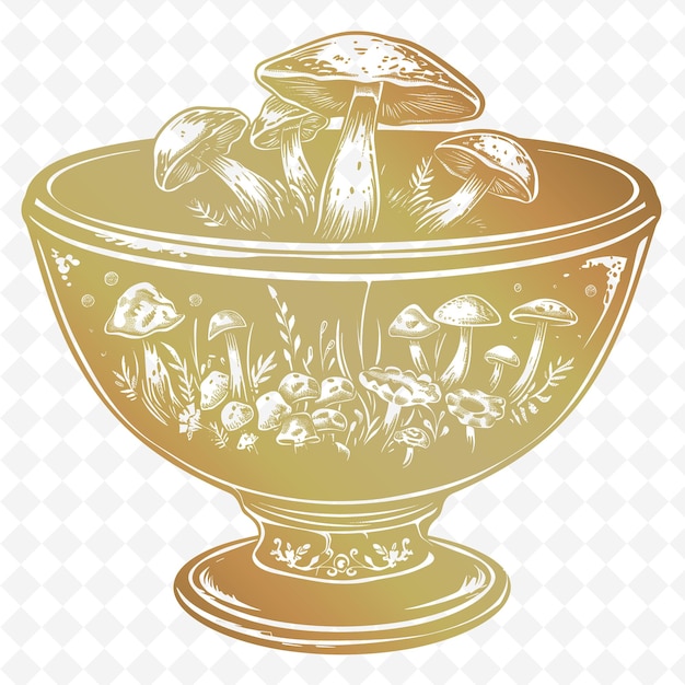 PSD uma grande urna de ouro com cogumelos e cogumelos em um fundo branco