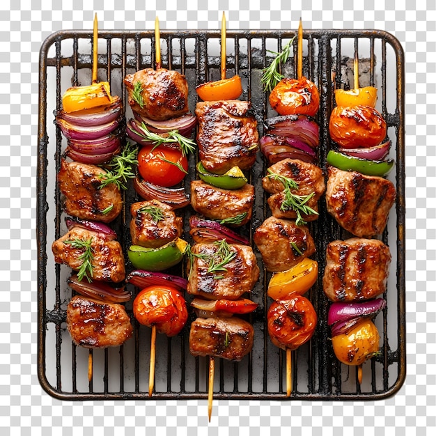 uma grelha com uma bandeja de comida que inclui vegetais de carne e carne