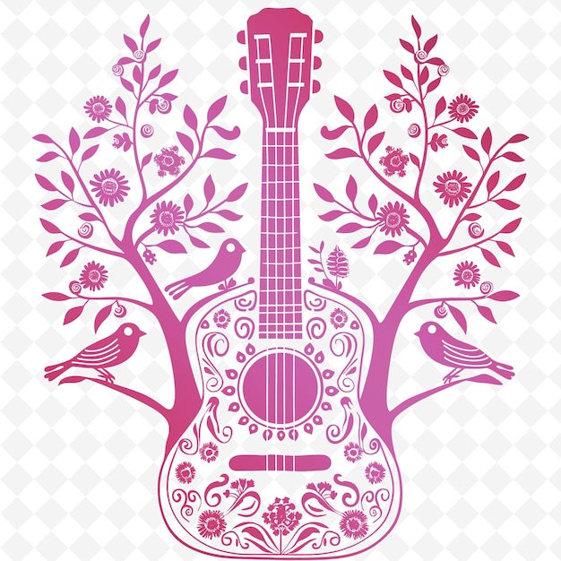 PSD uma guitarra rosa com pássaros nos galhos de uma árvore