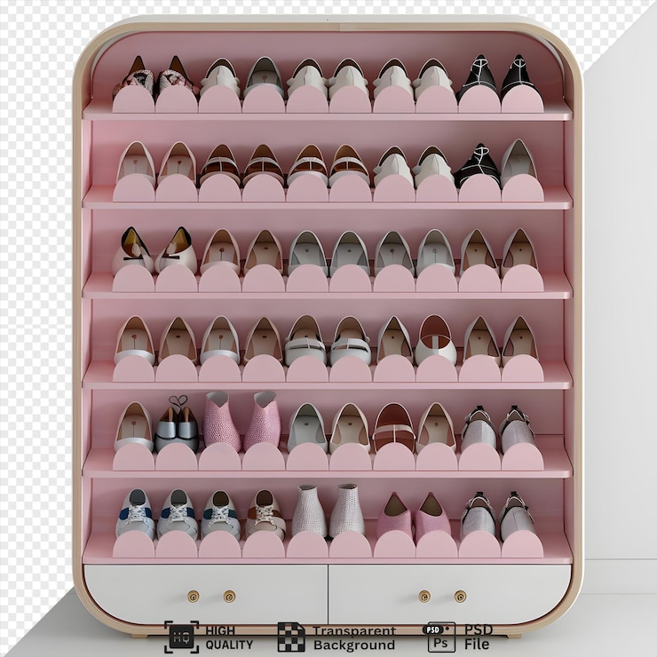 PSD uma ilustração 3d de um rack de sapatos rosa com várias prateleiras e gavetas com uma variedade de diferentes tipos de sapatos organizados cuidadosamente em pares contra um fundo transparente