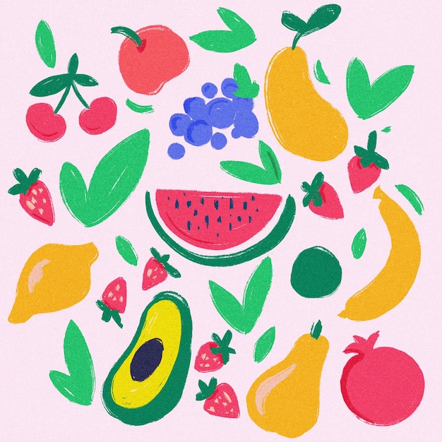 Uma ilustração colorida de frutas e legumes.