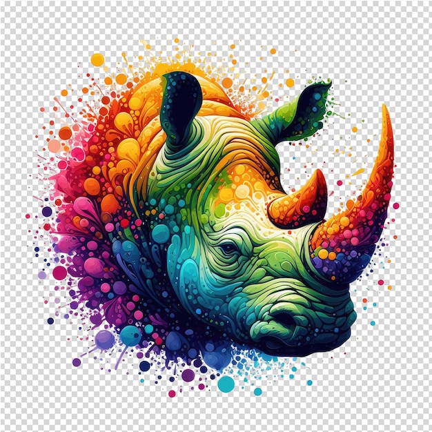 PSD uma ilustração colorida de rinoceronte com manchas coloridas e manchas coloridos