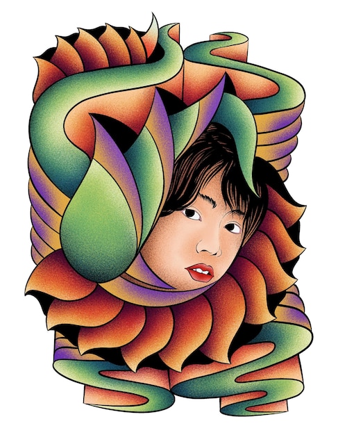 uma ilustração colorida de uma mulher com uma cobra colorida em sua boca