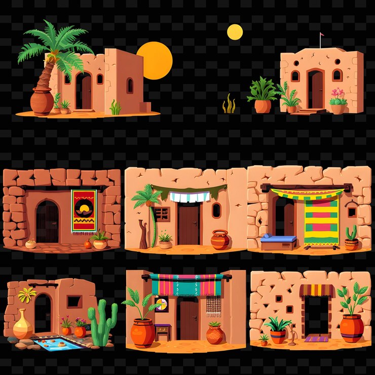 PSD uma ilustração de desenho animado de um edifício com uma casa e uma cena de praia