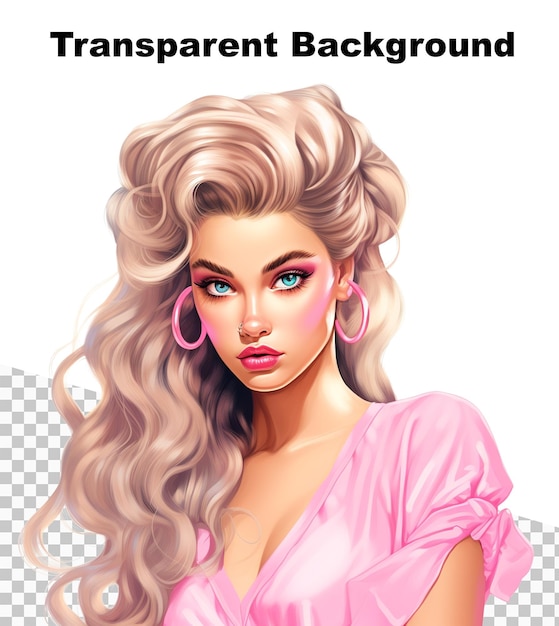 PSD uma ilustração de uma menina de cabelo rosa estilo barbie em fundo transparente