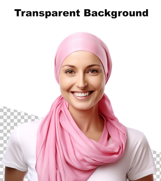PSD uma ilustração de uma mulher doente de câncer sorrindo com um lenço na cabeça no dia mundial do câncer