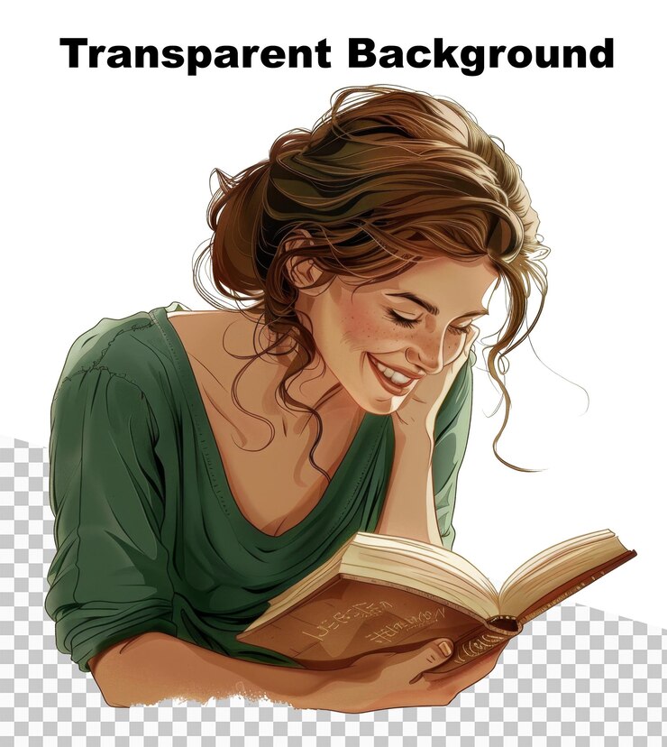 PSD uma ilustração de uma mulher lendo um livro sorrindo