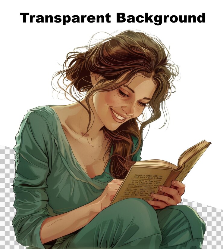 PSD uma ilustração de uma mulher lendo um livro sorrindo