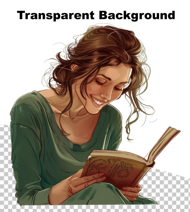 PSD uma ilustração de uma mulher lendo um livro sorrindo